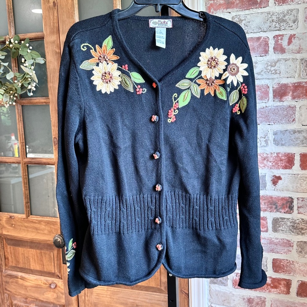 Tiara International Cardigan Sweater Women Black Sunflower Embroidered Beaded L